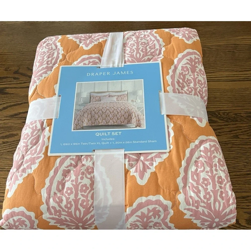 Draper James Twin Quilt Sham Set Orange Pink Paisley Floral Cottagecore Dorm NEW